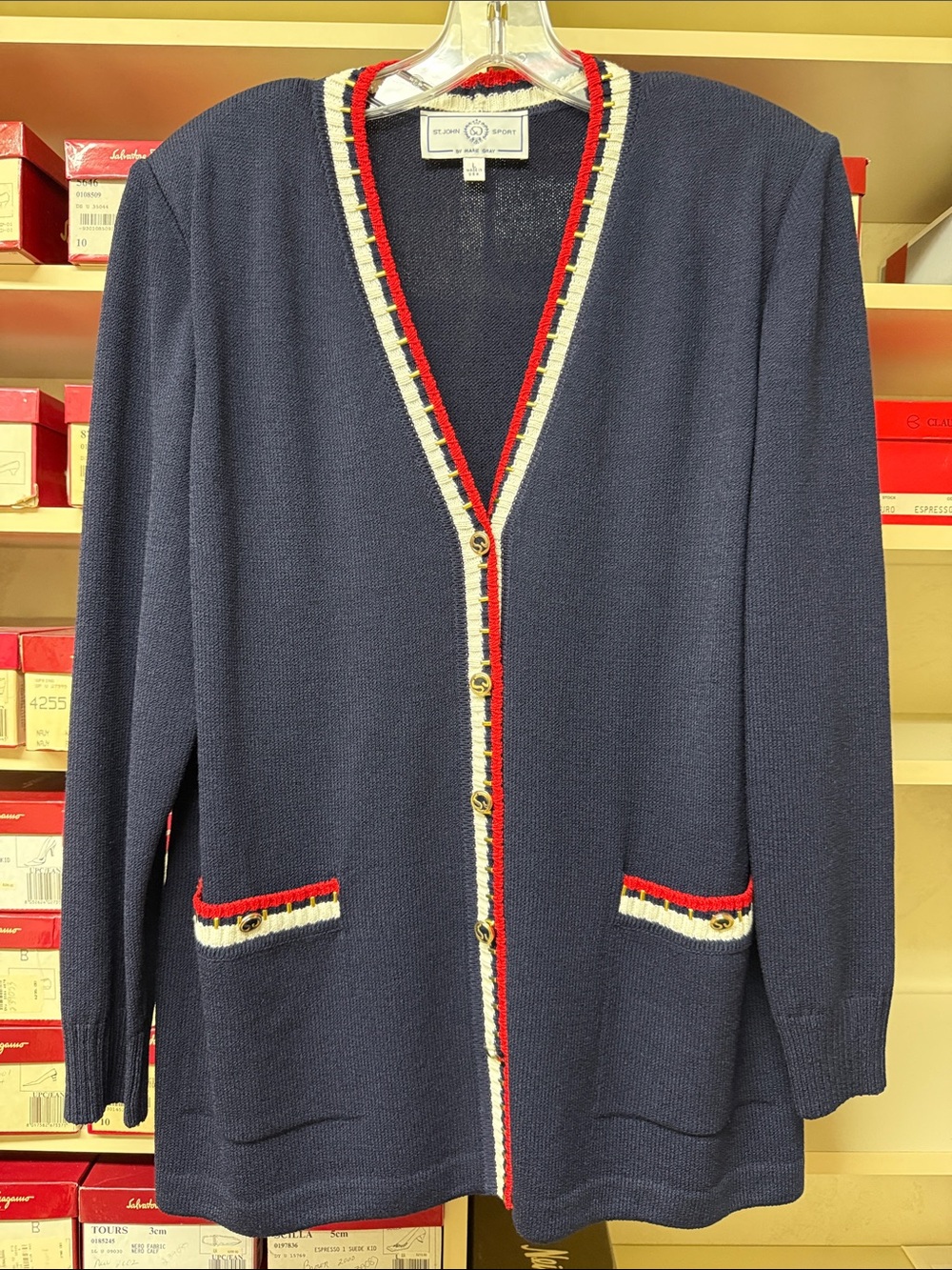 St. John navy Knit V-Neck Cardigan with red, white, and gold contrast trim